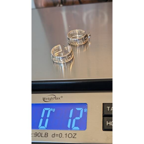 925 Sterling Silver Greek Key Post 1" Round 3/8" Wide Hoop Earrings - Picture 4 of 7